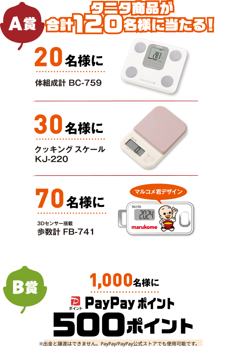 A賞 タニタ商品が合計120名様に当たる！ B賞 1,000名様にPayPayポイント 500ポイント